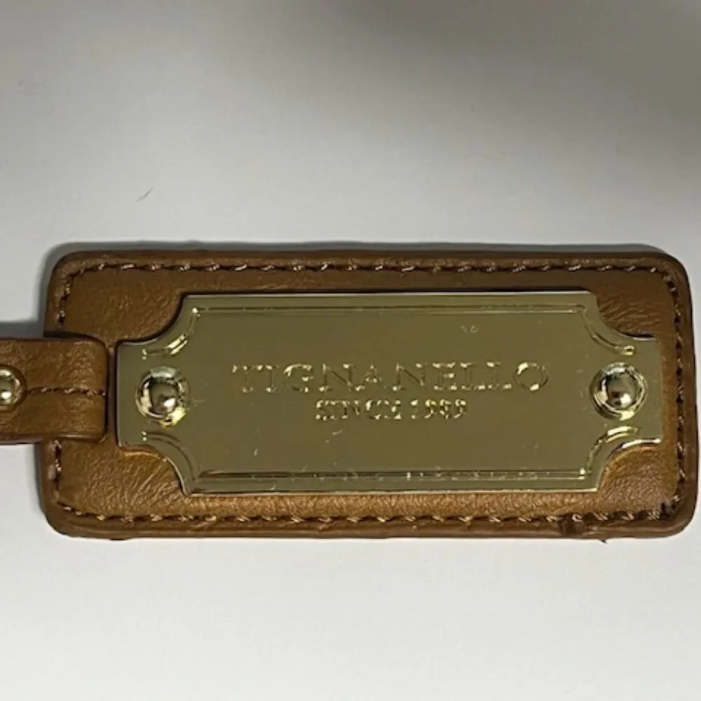 Tignanello Brown Leather Metal Key Fob Purse Clip & Ring Hang Tag
